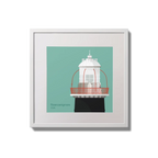 Illustration of Roancarrigmore lighthouse on an ocean green background,  in a white square frame measuring 20x20cm.