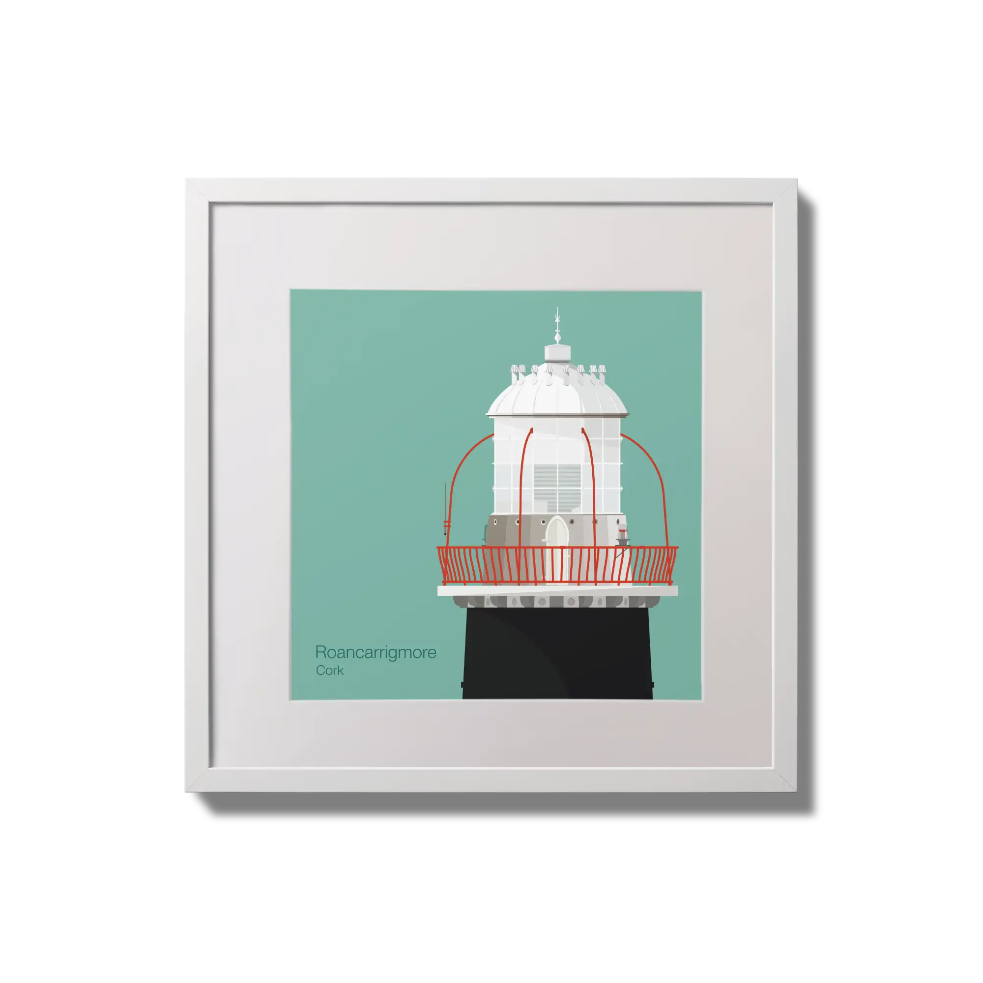 Illustration of Roancarrigmore lighthouse on an ocean green background,  in a white square frame measuring 20x20cm.