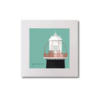 Illustration of Roancarrigmore lighthouse on an ocean green background, mounted and measuring 20x20cm.