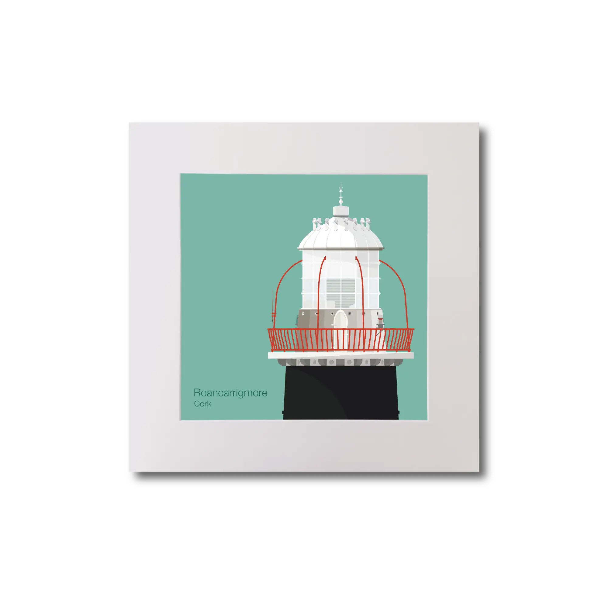 Illustration of Roancarrigmore lighthouse on an ocean green background, mounted and measuring 20x20cm.