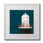 Illustration of Roancarrigmore lighthouse on a midnight blue background,  in a white square frame measuring 30x30cm.