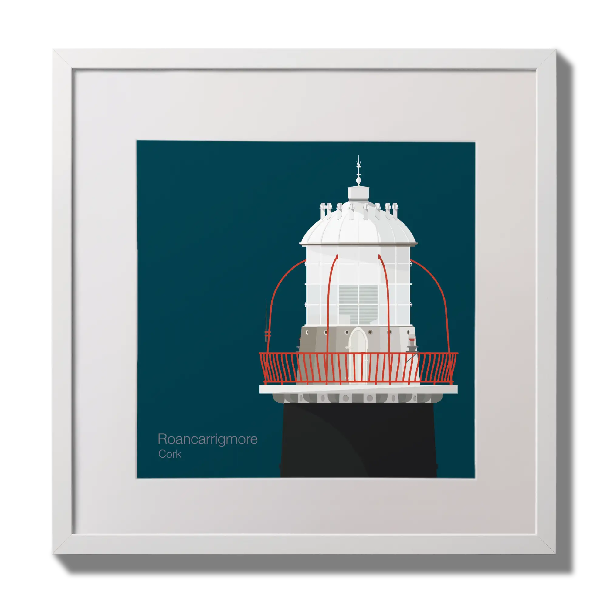 Illustration of Roancarrigmore lighthouse on a midnight blue background,  in a white square frame measuring 30x30cm.