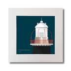 Illustration of Roancarrigmore lighthouse on a midnight blue background, mounted and measuring 30x30cm.
