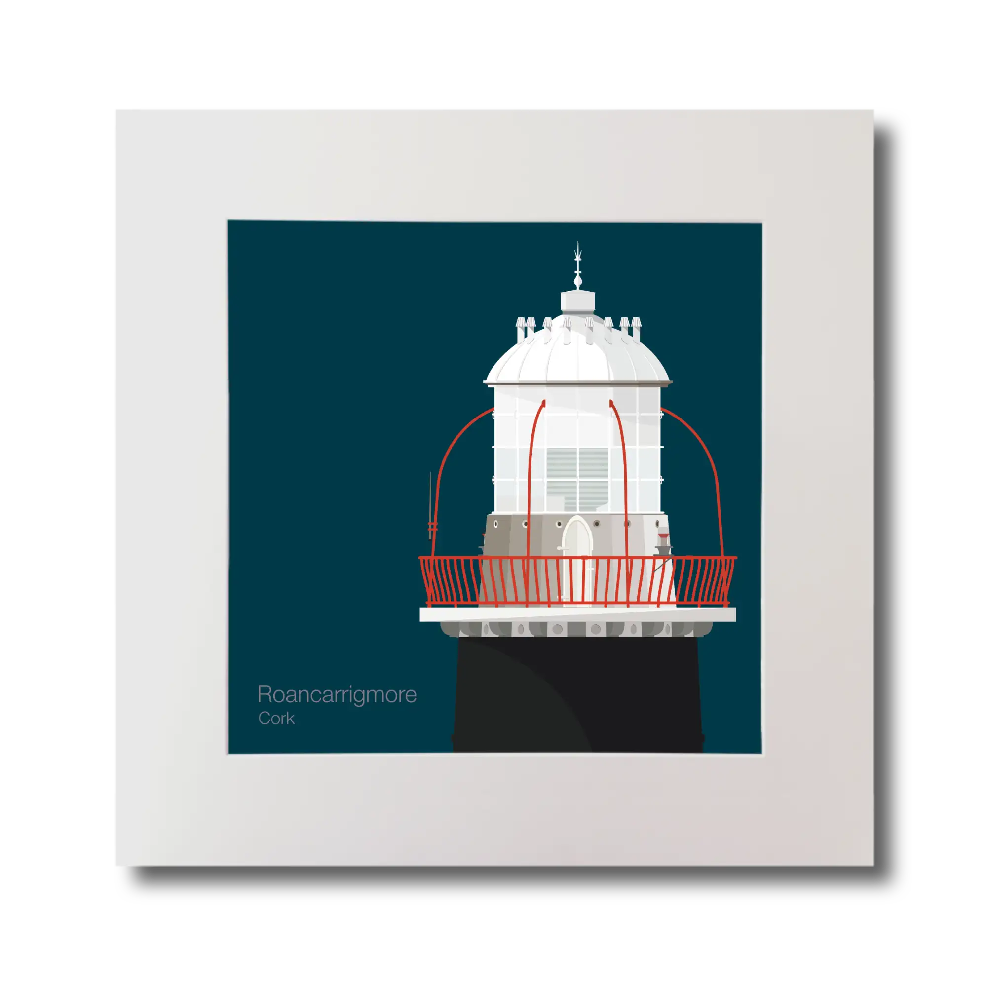 Illustration of Roancarrigmore lighthouse on a midnight blue background, mounted and measuring 30x30cm.