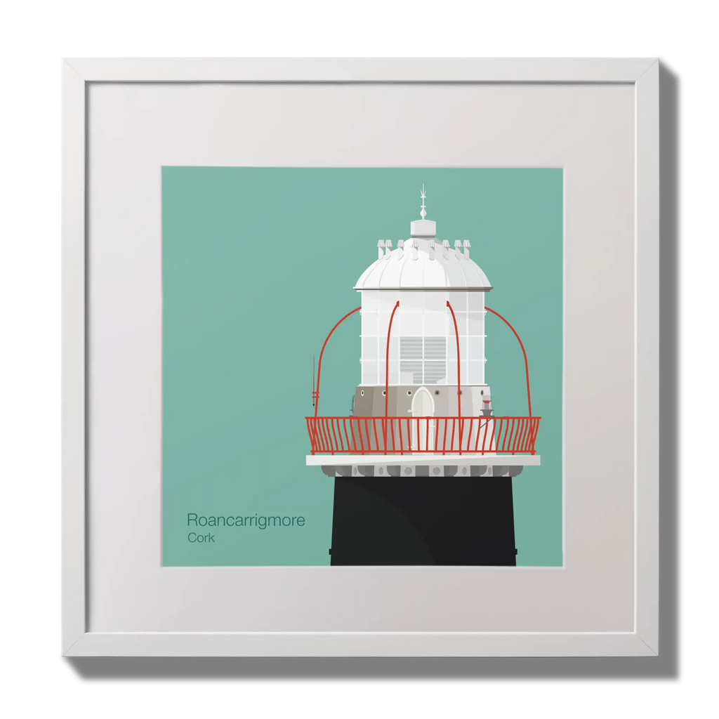 Illustration of Roancarrigmore lighthouse on an ocean green background,  in a white square frame measuring 30x30cm.