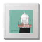 Illustration of Roancarrigmore lighthouse on an ocean green background,  in a white square frame measuring 30x30cm.