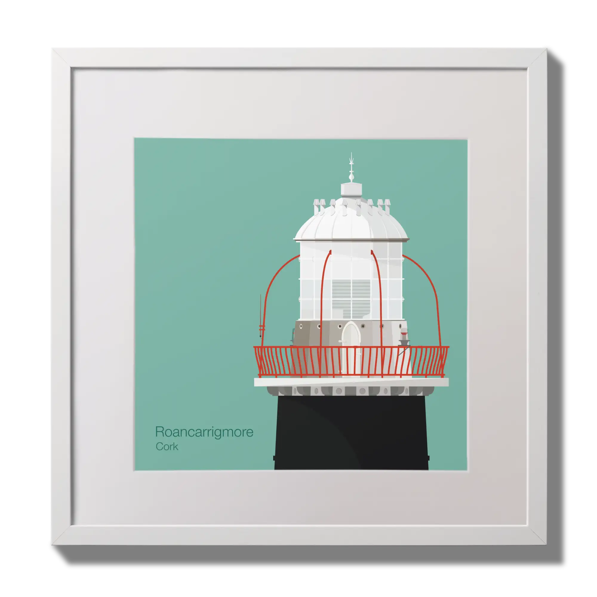 Illustration of Roancarrigmore lighthouse on an ocean green background,  in a white square frame measuring 30x30cm.
