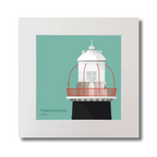 Illustration of Roancarrigmore lighthouse on an ocean green background, mounted and measuring 30x30cm.