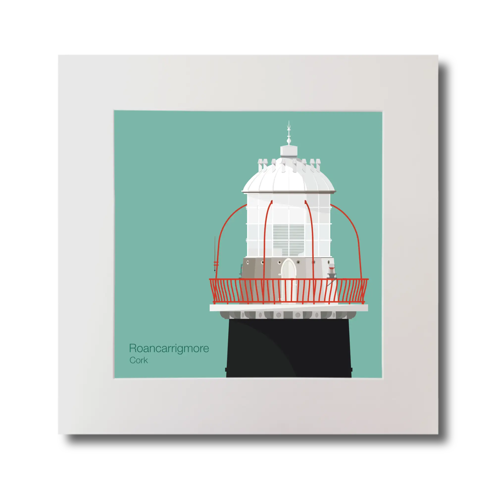 Illustration of Roancarrigmore lighthouse on an ocean green background, mounted and measuring 30x30cm.