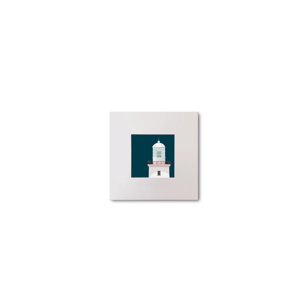 Illustration of Arranmore lighthouse on a midnight blue background, mounted and measuring 10x10cm.