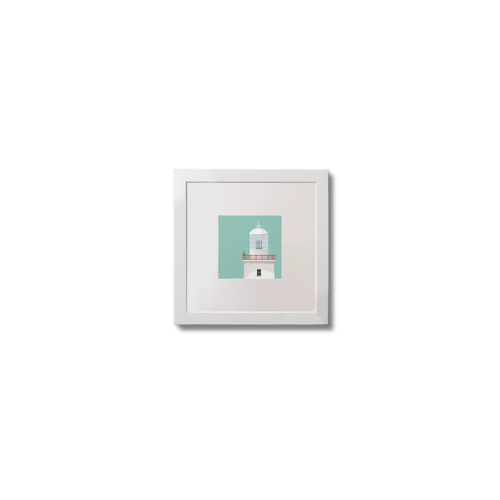 Illustration of Arranmore lighthouse on an ocean green background,  in a white square frame measuring 10x10cm.