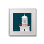 Illustration of Arranmore lighthouse on a midnight blue background,  in a white square frame measuring 20x20cm.