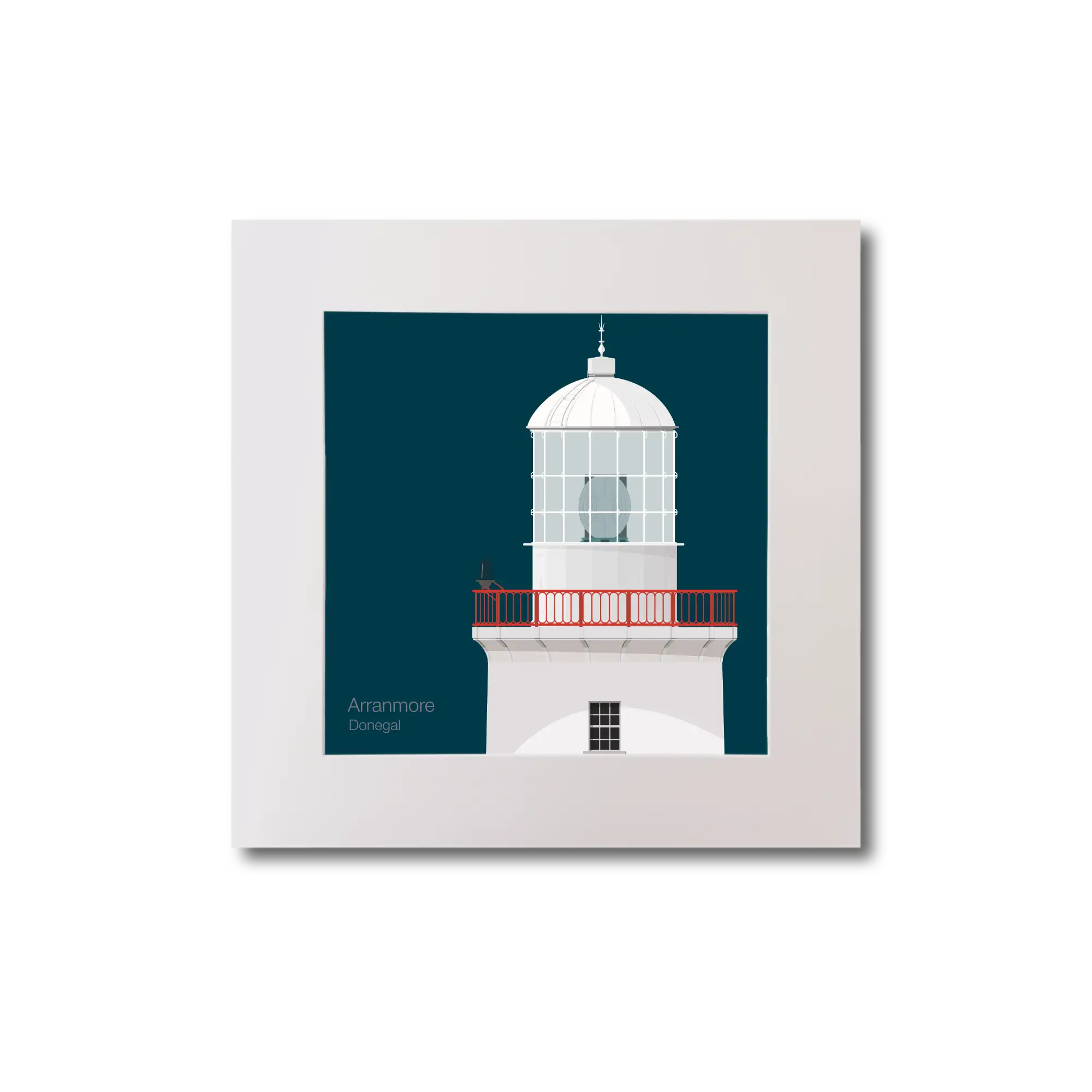 Illustration of Arranmore lighthouse on a midnight blue background, mounted and measuring 20x20cm.