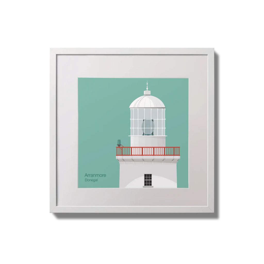 Illustration of Arranmore lighthouse on an ocean green background,  in a white square frame measuring 20x20cm.