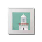 Illustration of Arranmore lighthouse on an ocean green background,  in a white square frame measuring 20x20cm.