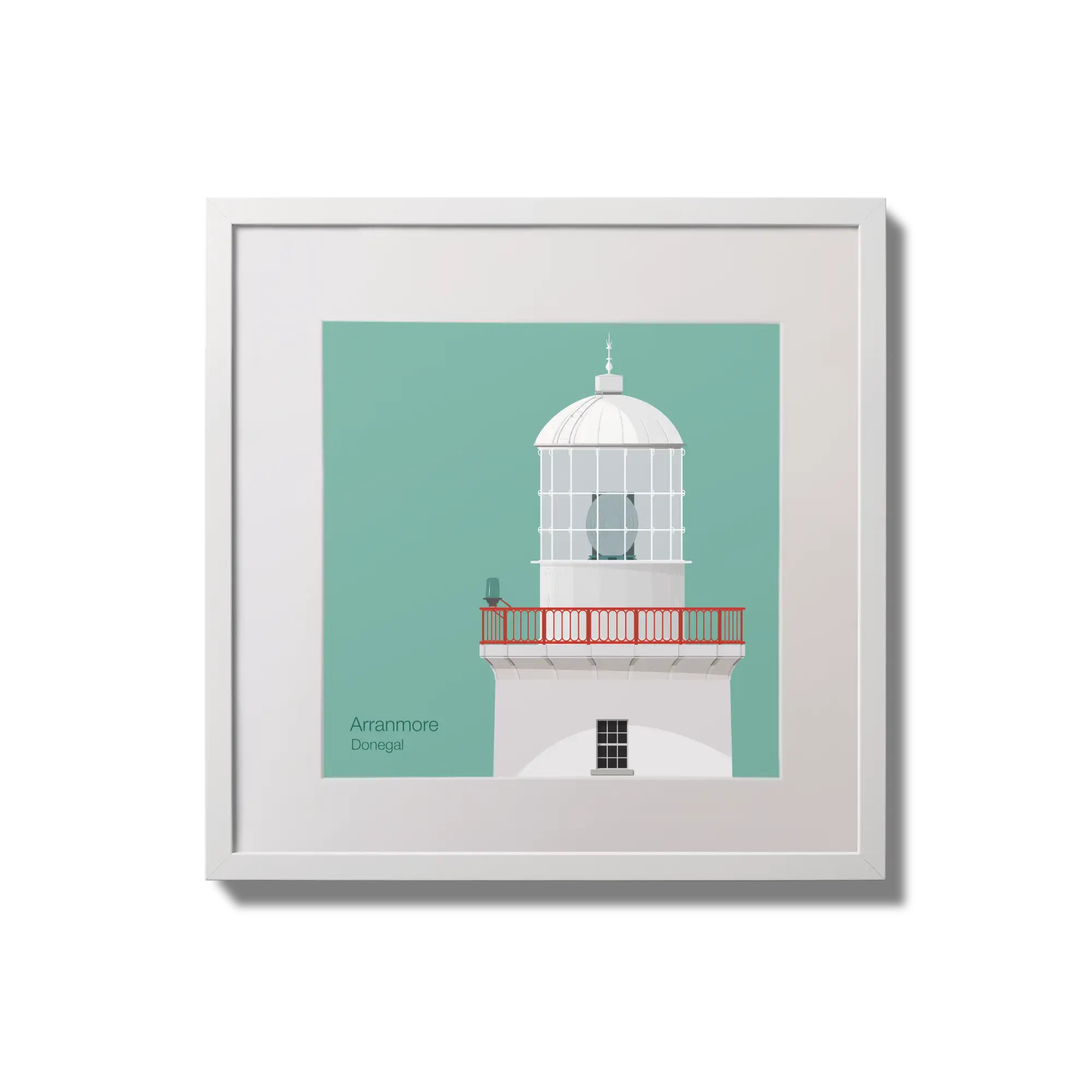 Illustration of Arranmore lighthouse on an ocean green background,  in a white square frame measuring 20x20cm.