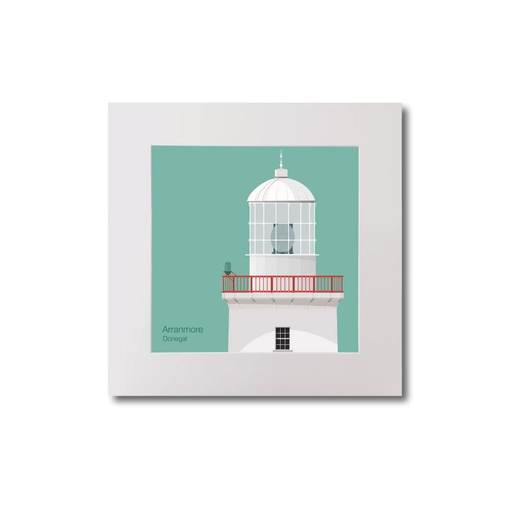 Illustration of Arranmore lighthouse on an ocean green background, mounted and measuring 20x20cm.