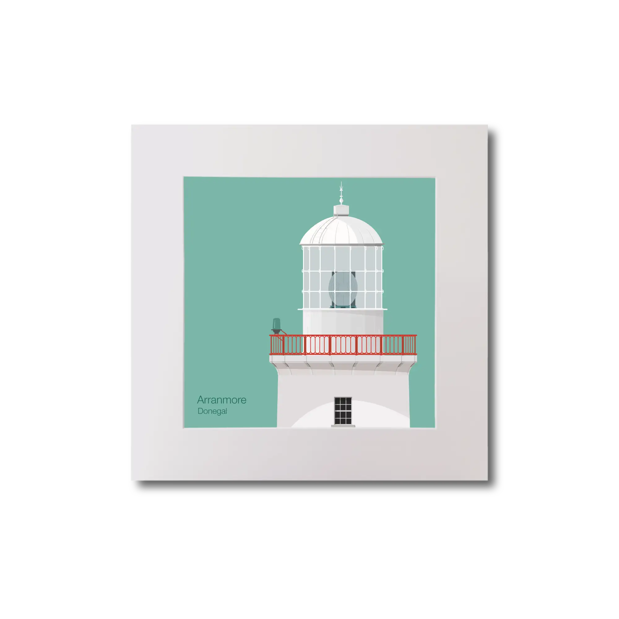 Illustration of Arranmore lighthouse on an ocean green background, mounted and measuring 20x20cm.