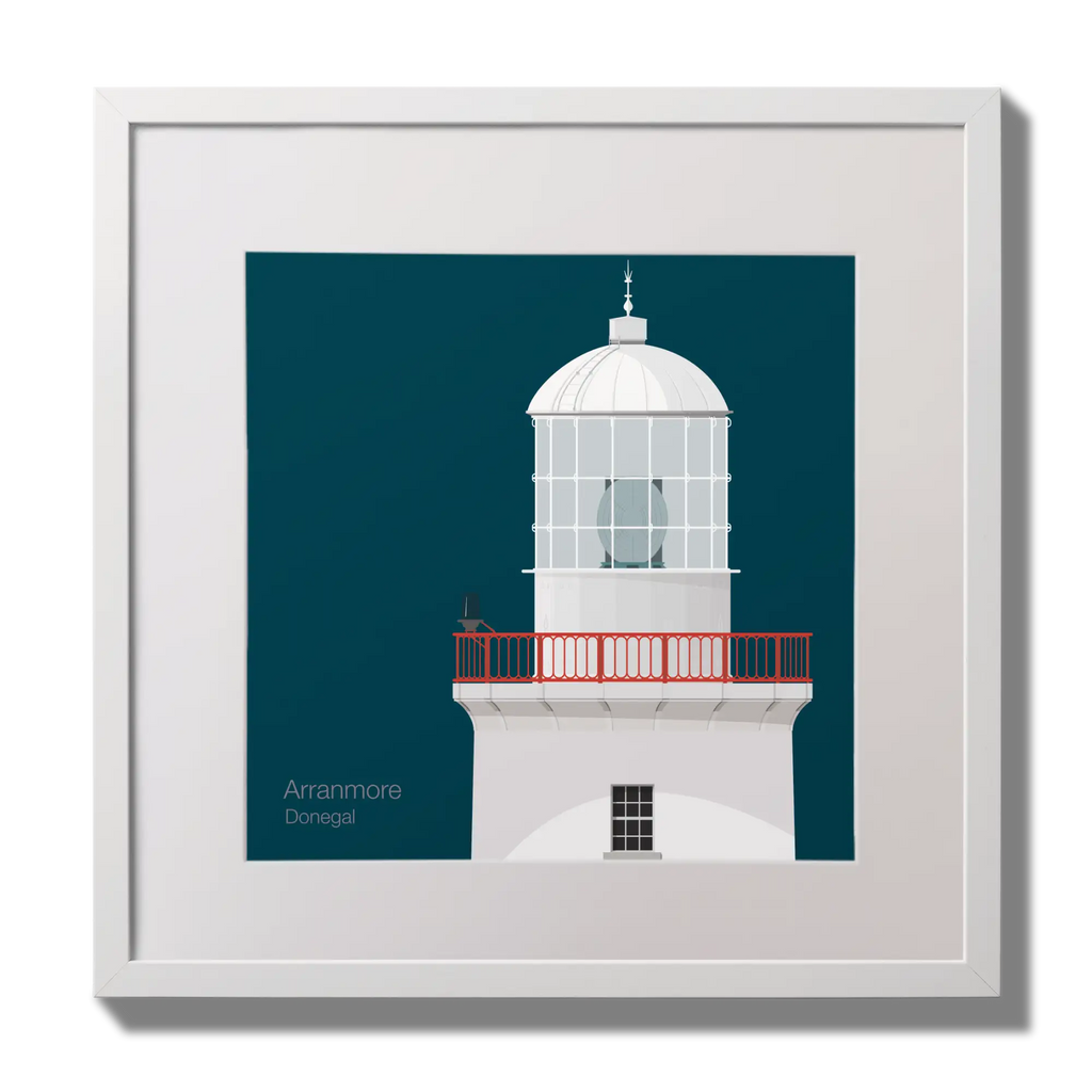 Illustration of Arranmore lighthouse on a midnight blue background,  in a white square frame measuring 30x30cm.