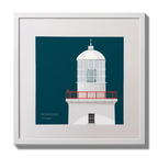 Illustration of Arranmore lighthouse on a midnight blue background,  in a white square frame measuring 30x30cm.