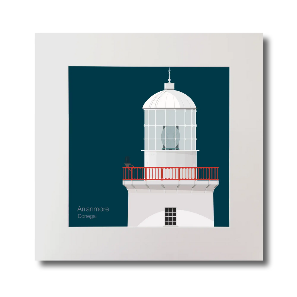 Illustration of Arranmore lighthouse on a midnight blue background, mounted and measuring 30x30cm.