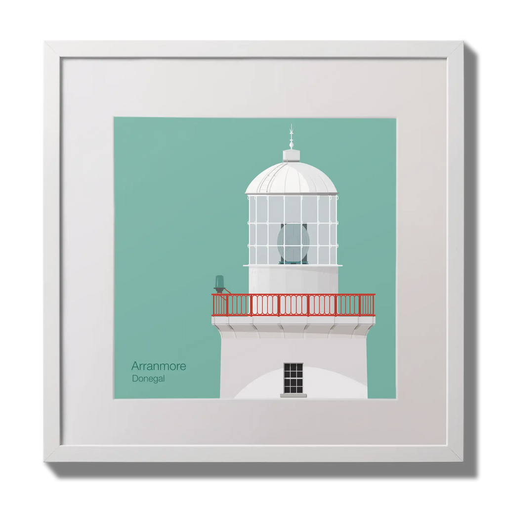Illustration of Arranmore lighthouse on an ocean green background,  in a white square frame measuring 30x30cm.