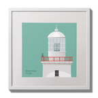 Illustration of Arranmore lighthouse on an ocean green background,  in a white square frame measuring 30x30cm.