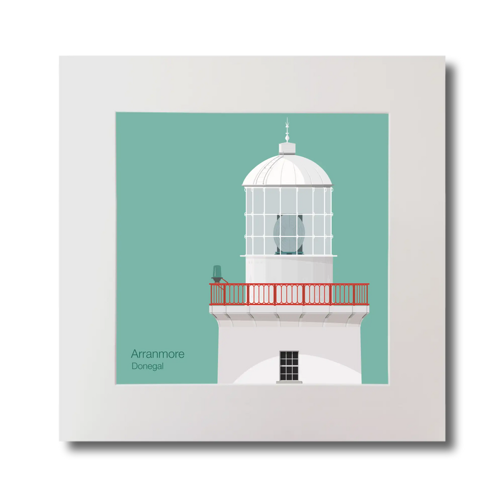 Illustration of Arranmore lighthouse on an ocean green background, mounted and measuring 30x30cm.