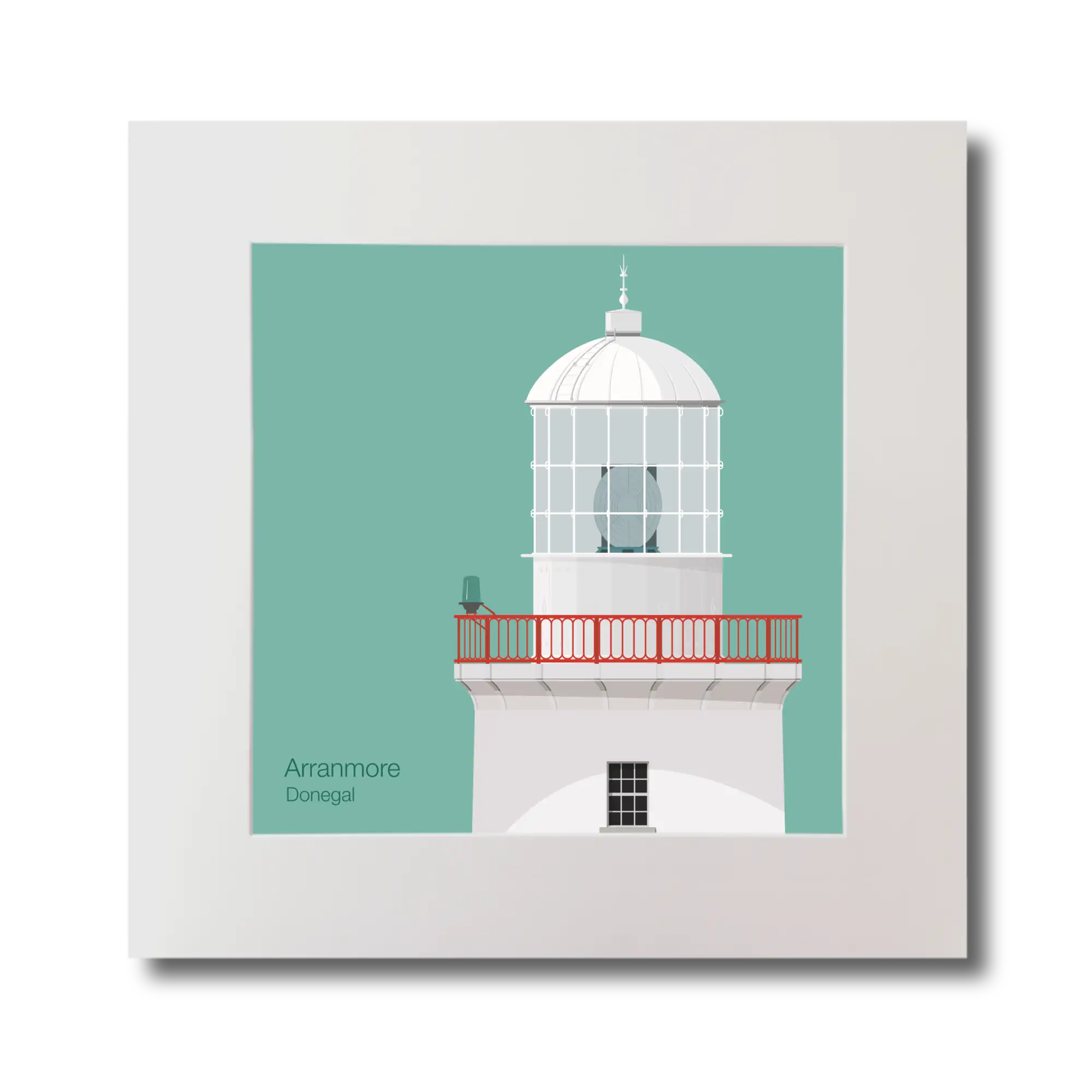 Illustration of Arranmore lighthouse on an ocean green background, mounted and measuring 30x30cm.