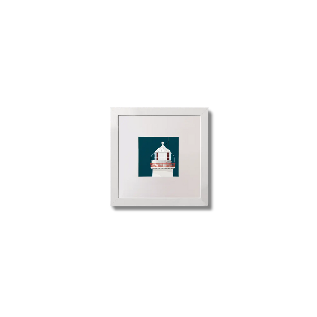 Illustration of Broadhaven lighthouse on a midnight blue background,  in a white square frame measuring 10x10cm.