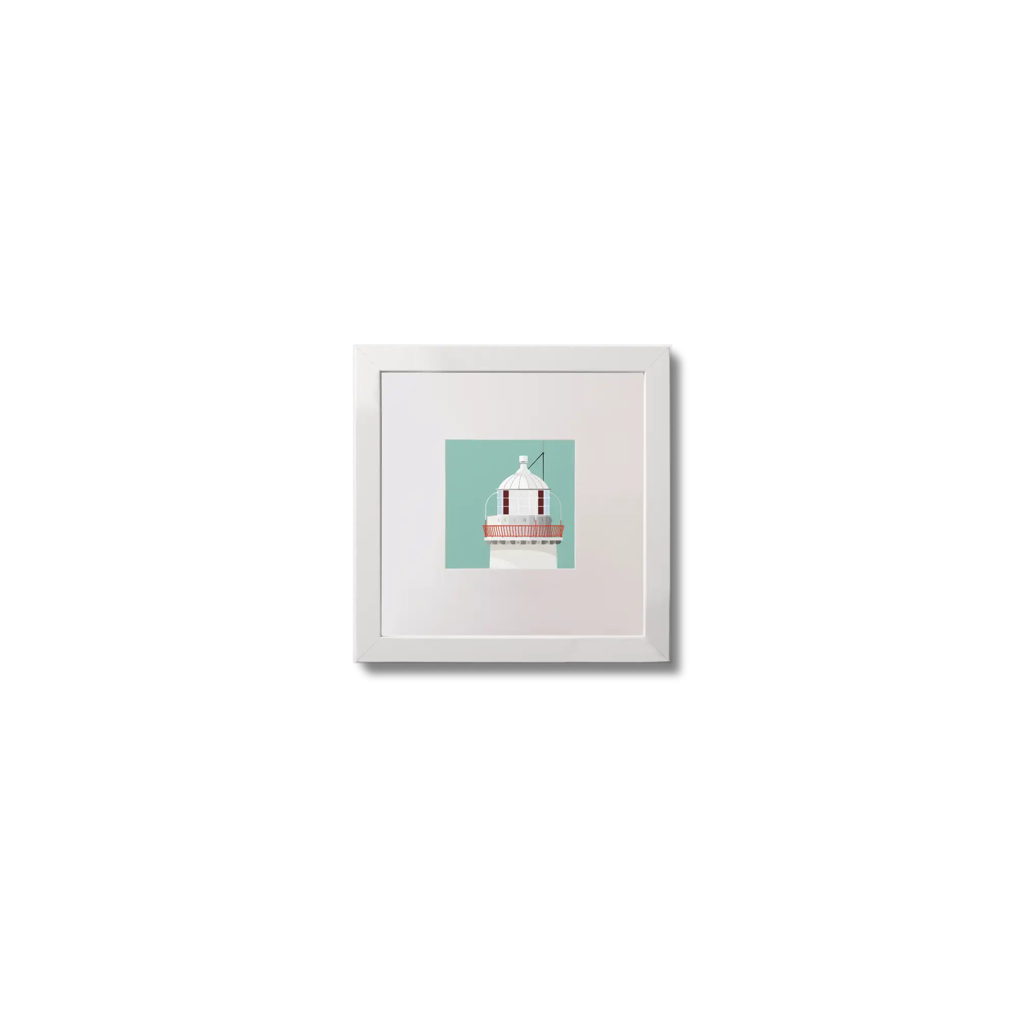 Illustration of Broadhaven lighthouse on an ocean green background,  in a white square frame measuring 10x10cm.