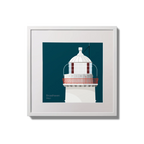 Illustration of Broadhaven lighthouse on a midnight blue background,  in a white square frame measuring 20x20cm.