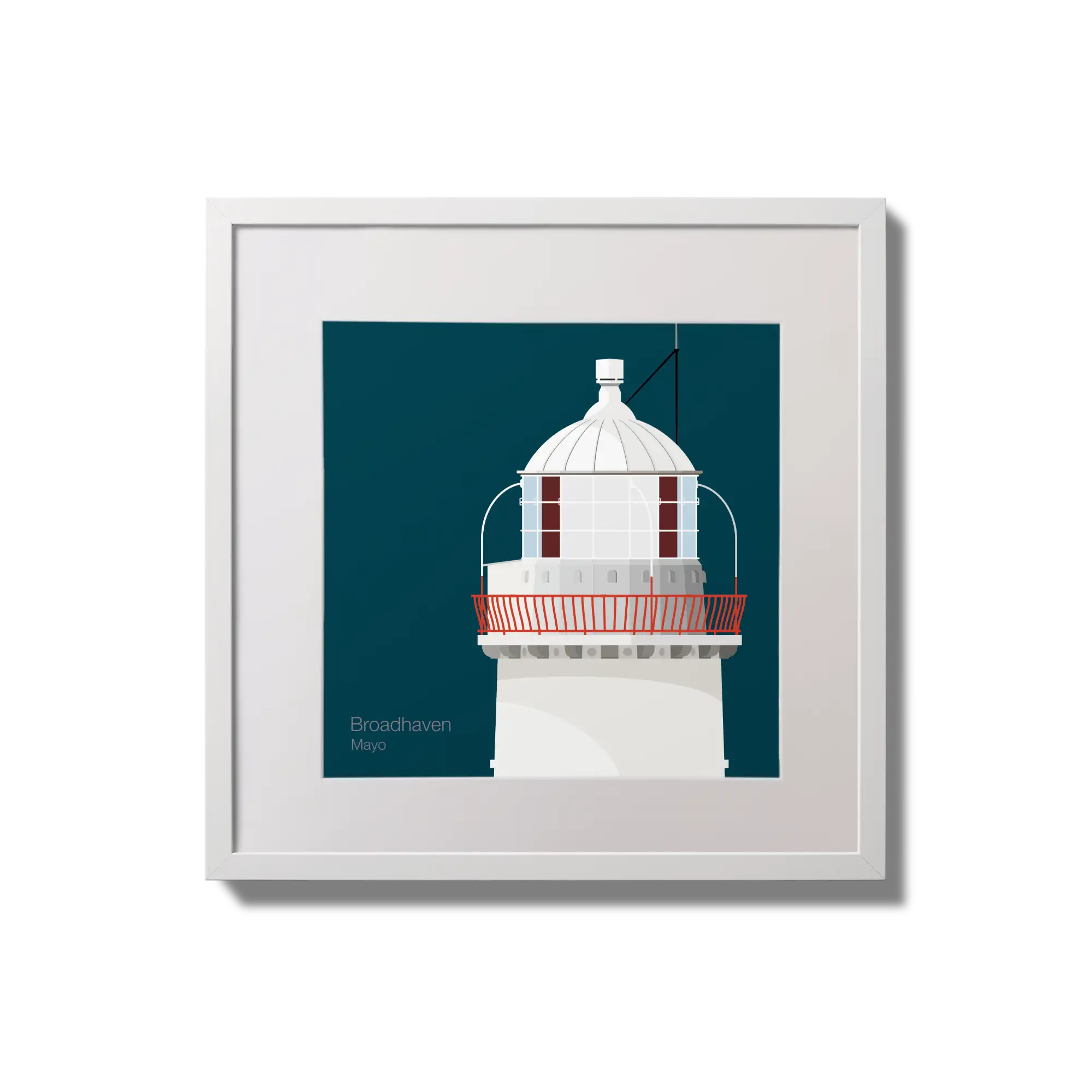 Illustration of Broadhaven lighthouse on a midnight blue background,  in a white square frame measuring 20x20cm.