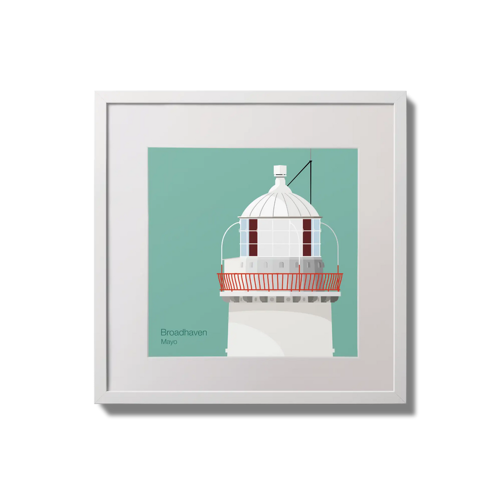 Illustration of Broadhaven lighthouse on an ocean green background,  in a white square frame measuring 20x20cm.