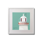 Illustration of Broadhaven lighthouse on an ocean green background,  in a white square frame measuring 20x20cm.