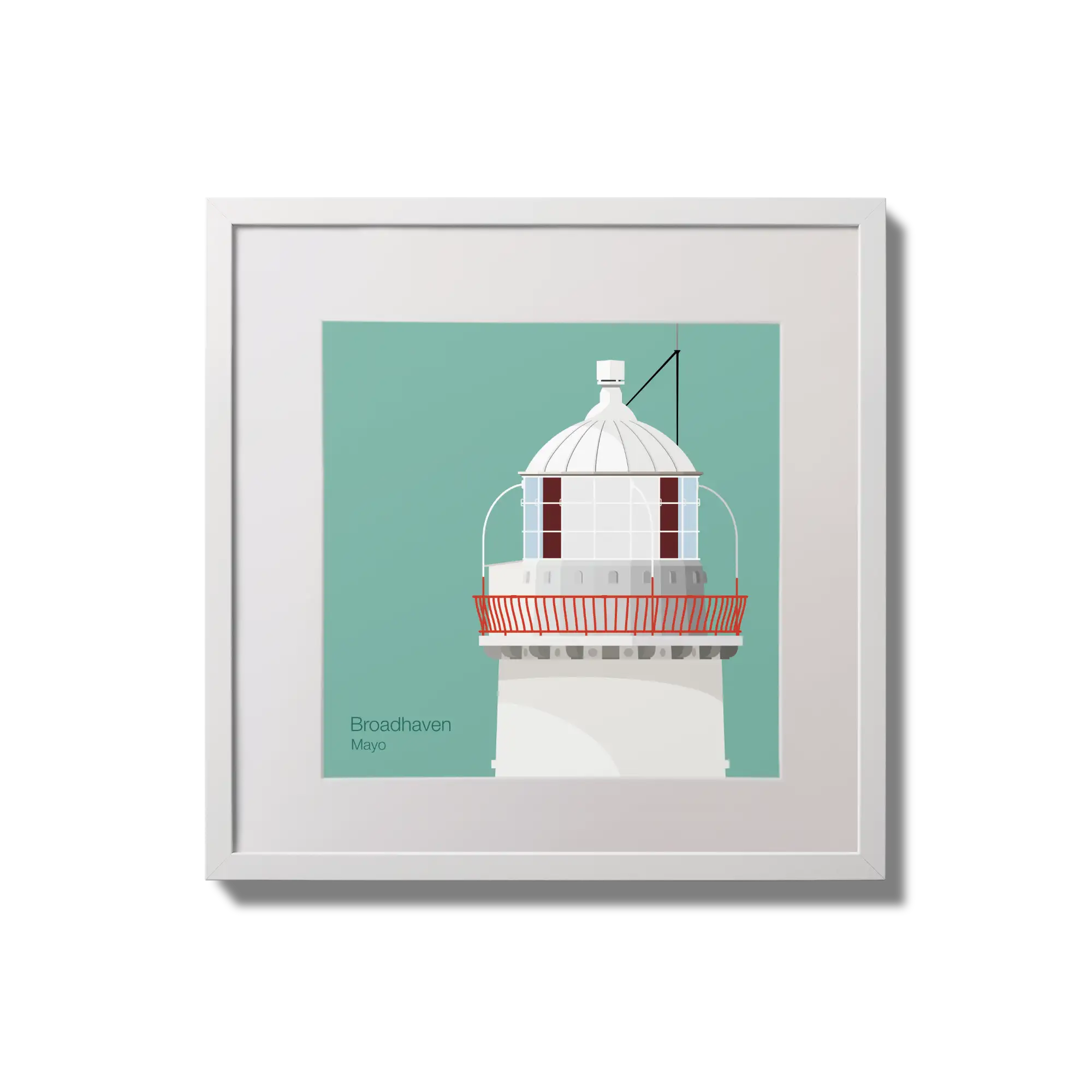 Illustration of Broadhaven lighthouse on an ocean green background,  in a white square frame measuring 20x20cm.