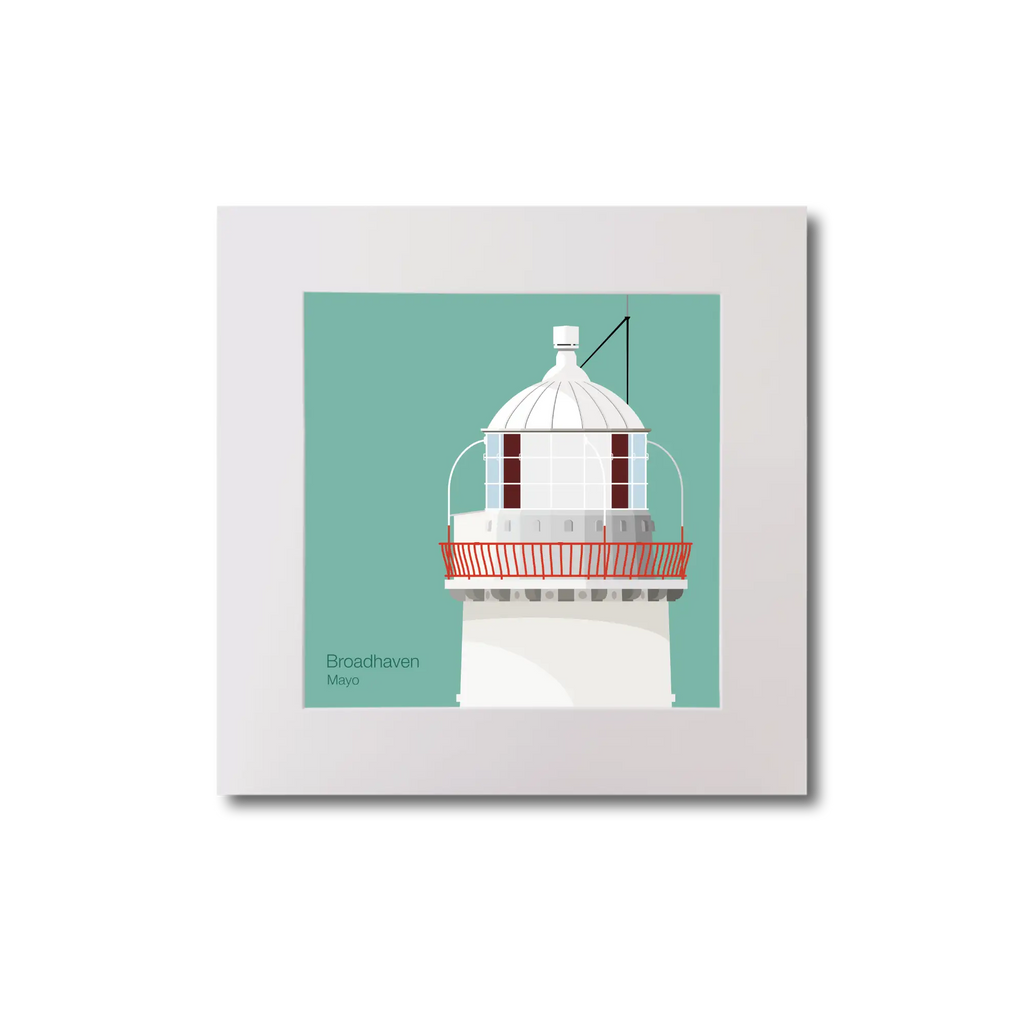 Illustration of Broadhaven lighthouse on an ocean green background, mounted and measuring 20x20cm.