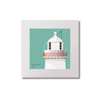 Illustration of Broadhaven lighthouse on an ocean green background, mounted and measuring 20x20cm.