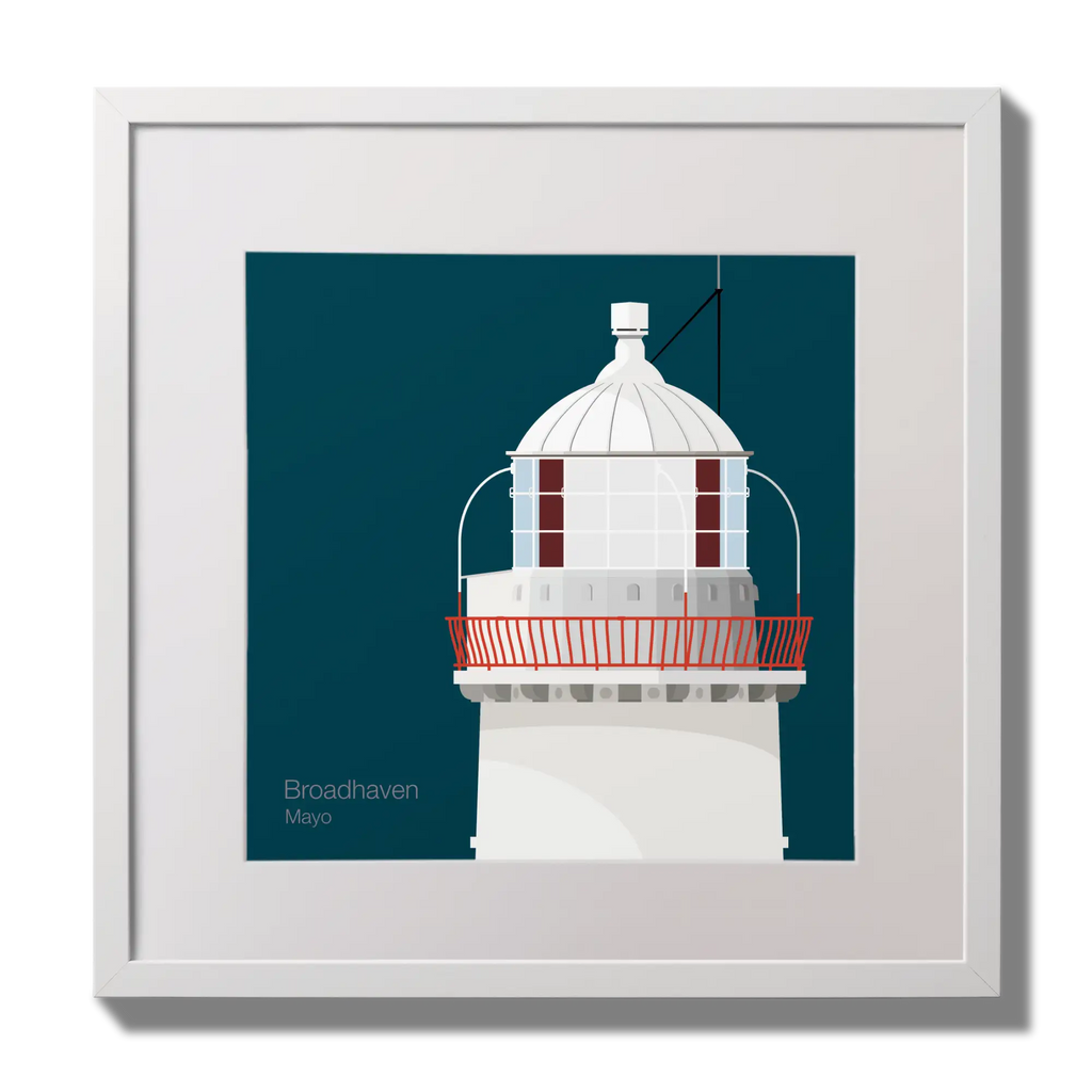 Illustration of Broadhaven lighthouse on a midnight blue background,  in a white square frame measuring 30x30cm.