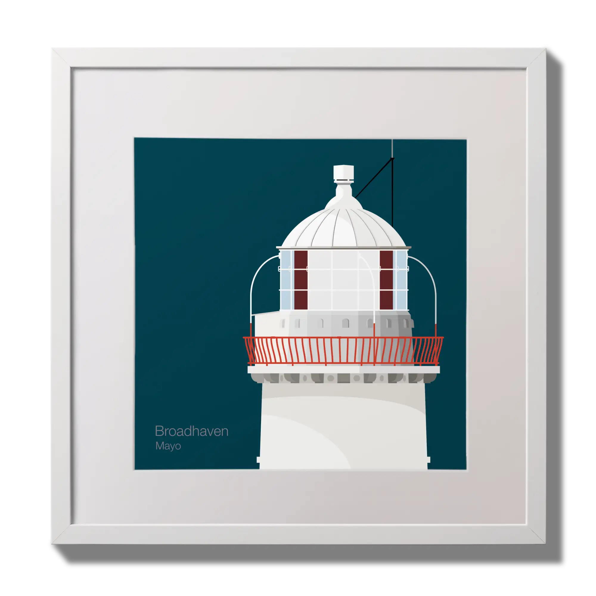 Illustration of Broadhaven lighthouse on a midnight blue background,  in a white square frame measuring 30x30cm.
