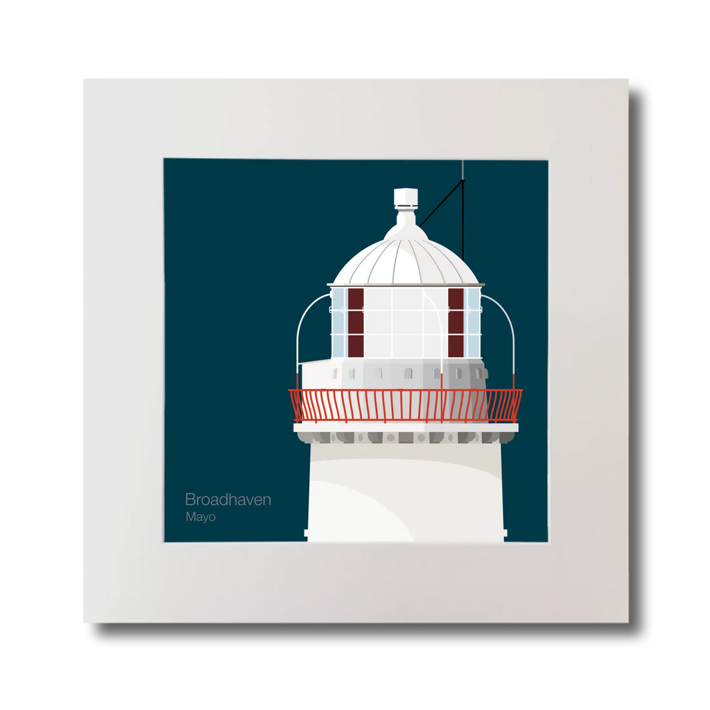 Illustration of Broadhaven lighthouse on a midnight blue background, mounted and measuring 30x30cm.