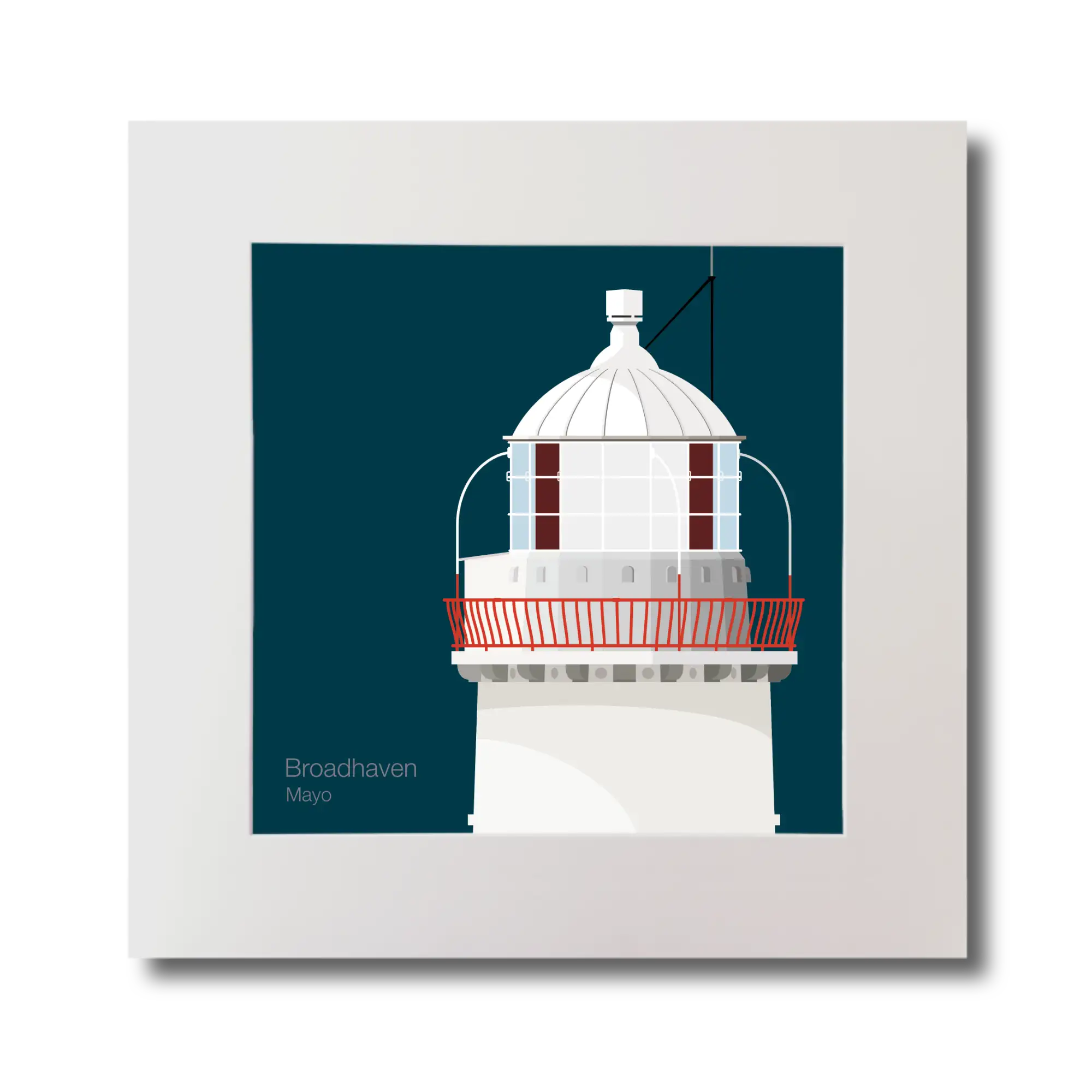 Illustration of Broadhaven lighthouse on a midnight blue background, mounted and measuring 30x30cm.