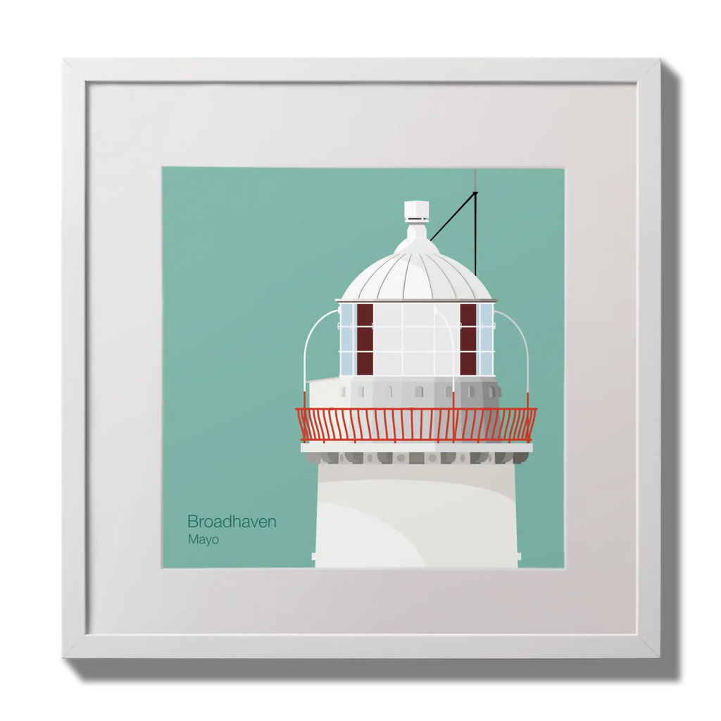 Illustration of Broadhaven lighthouse on an ocean green background,  in a white square frame measuring 30x30cm.