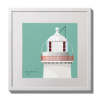 Illustration of Broadhaven lighthouse on an ocean green background,  in a white square frame measuring 30x30cm.