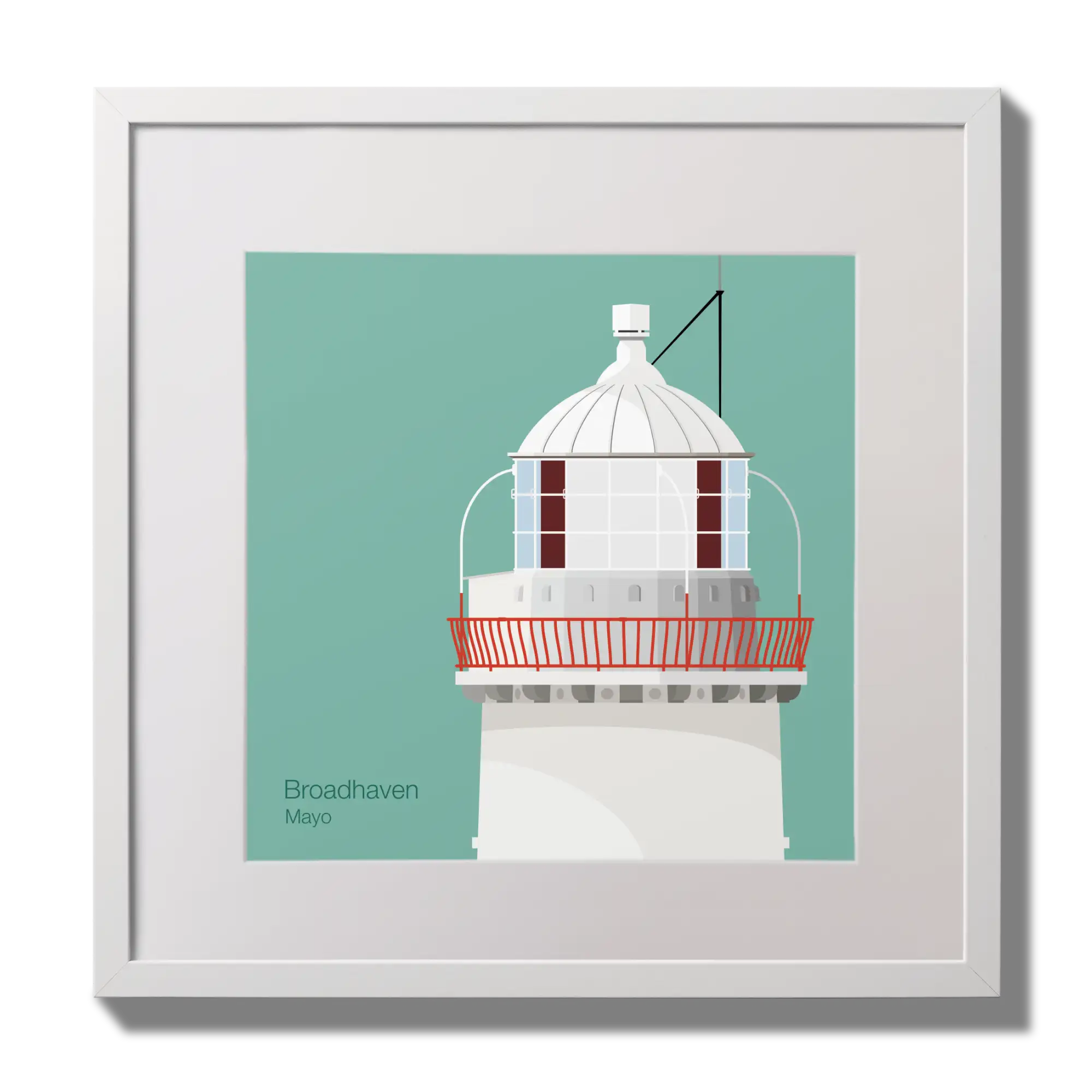Illustration of Broadhaven lighthouse on an ocean green background,  in a white square frame measuring 30x30cm.