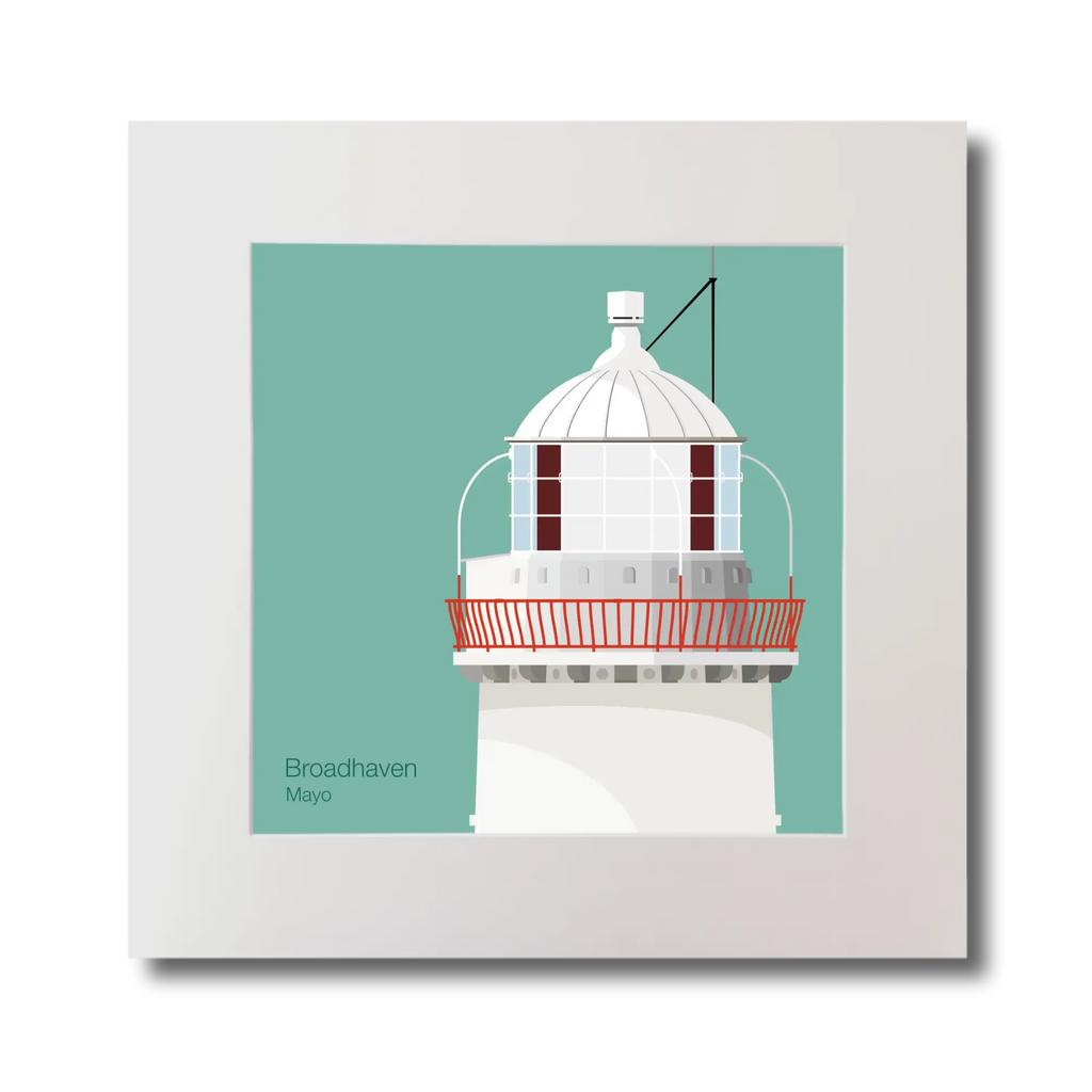 Illustration of Broadhaven lighthouse on an ocean green background, mounted and measuring 30x30cm.