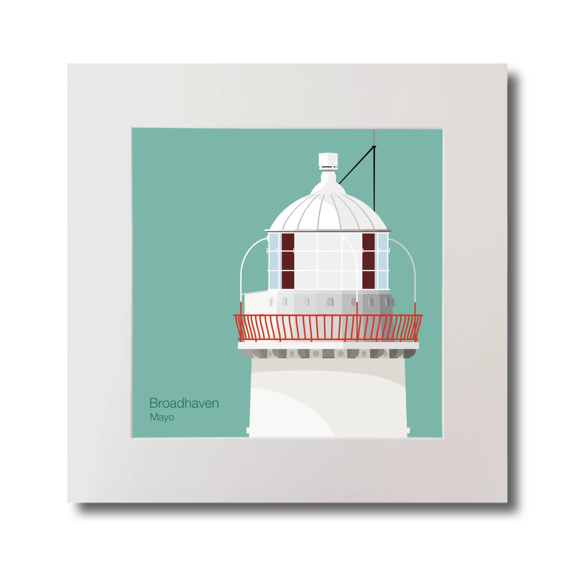 Illustration of Broadhaven lighthouse on an ocean green background, mounted and measuring 30x30cm.