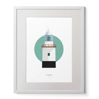 Illustration of Inistearaght lighthouse on a white background inside light blue square,  in a white frame measuring 40x50cm.