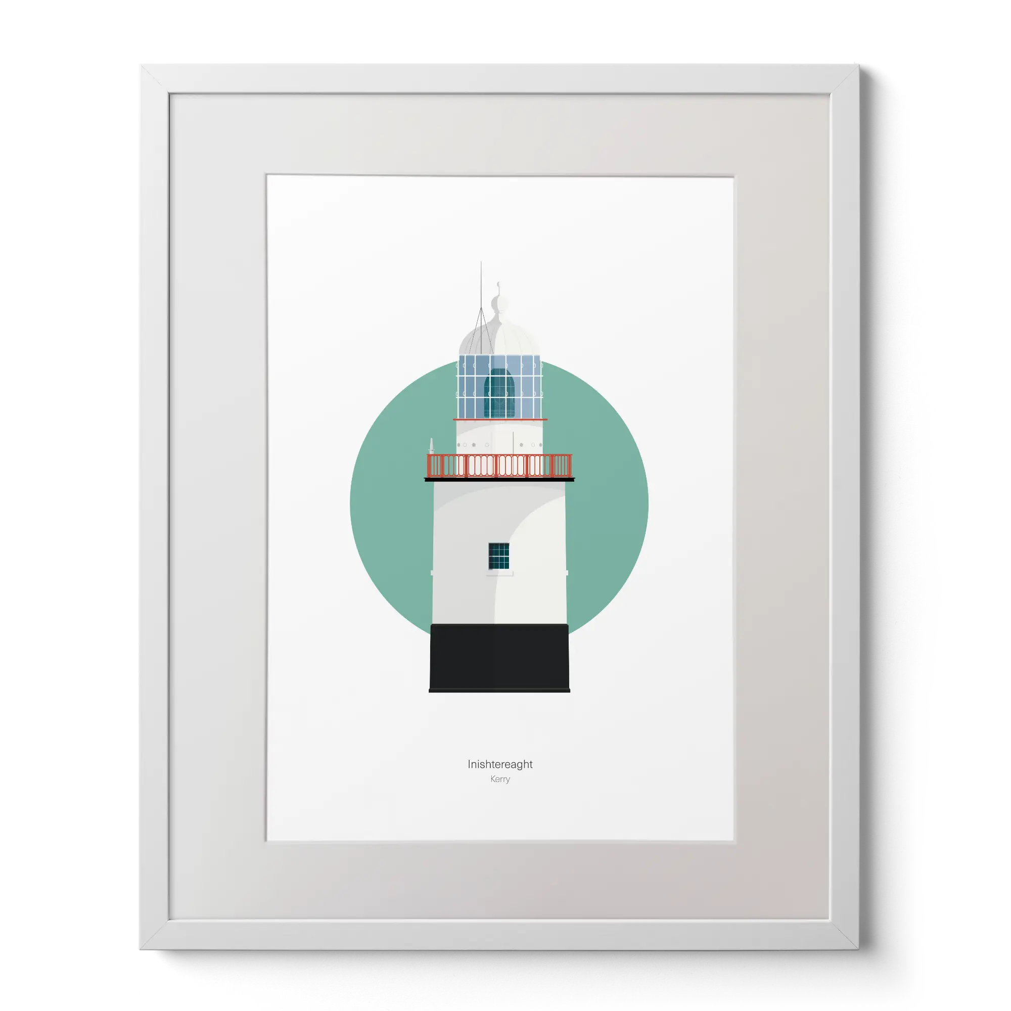 Illustration of Inistearaght lighthouse on a white background inside light blue square,  in a white frame measuring 40x50cm.