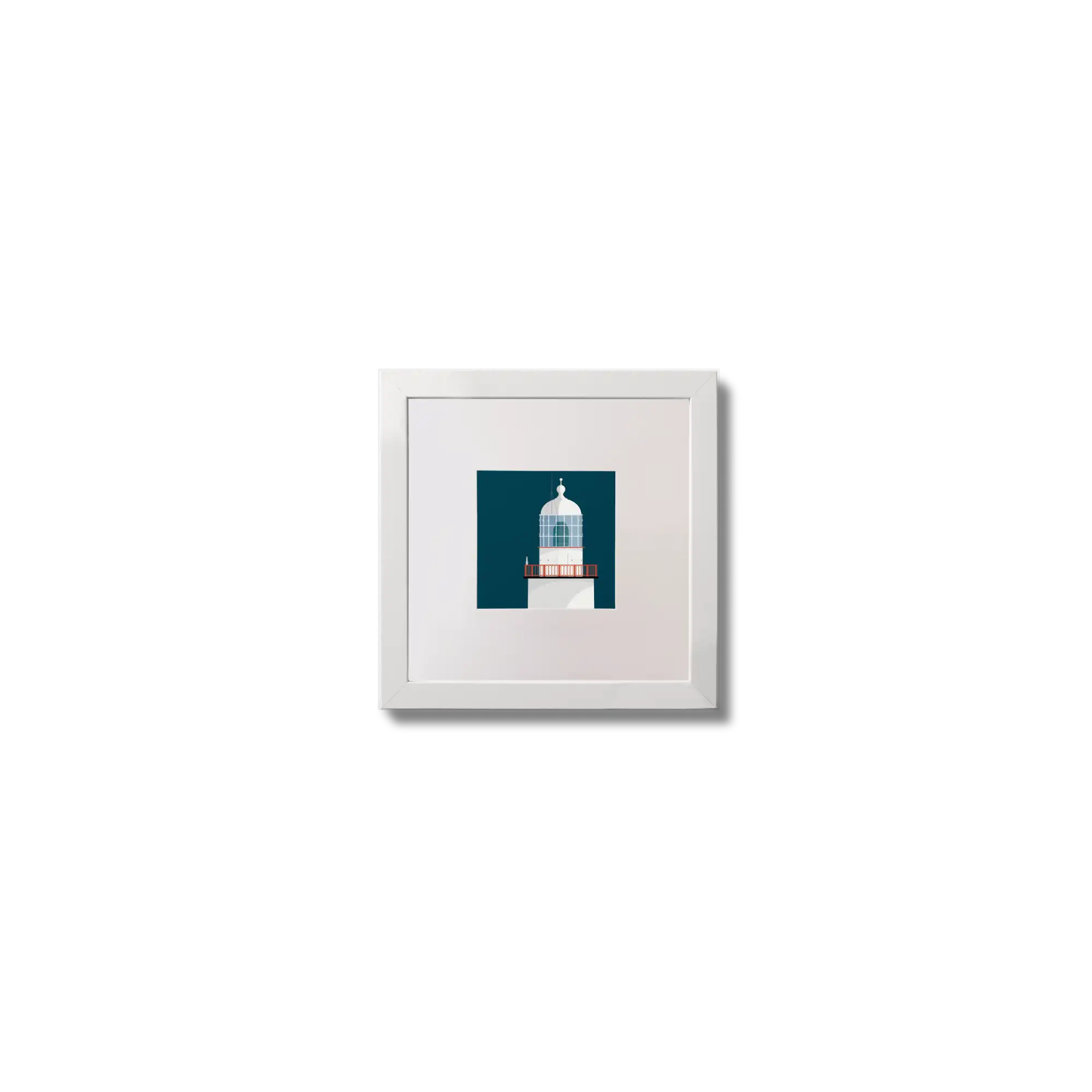 Illustration of Inistearaght lighthouse on a midnight blue background,  in a white square frame measuring 10x10cm.